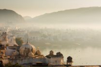 View of Pushkar City in India on a fog morning