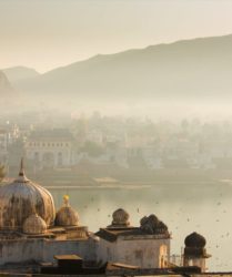 View of Pushkar City in India on a fog morning